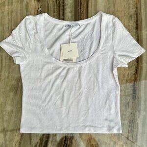 New Zara White Short sleeve Ribbed Knit Crop Top